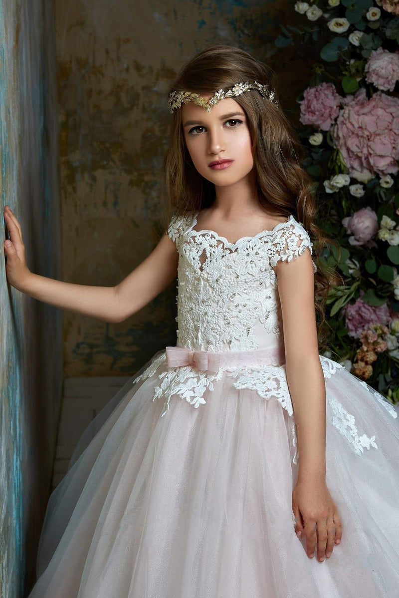 Junior Bridesmaid Short Sleeve Glitter Embroidered Lace Top Tulle Gown ...