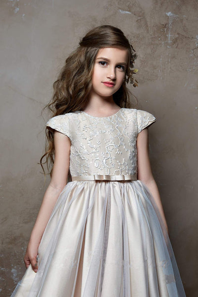 2368 Juliana Cap Sleeve V Back Lace Bodice Tulle over Satin Flower Girl Dress - Mia Bambina Boutique