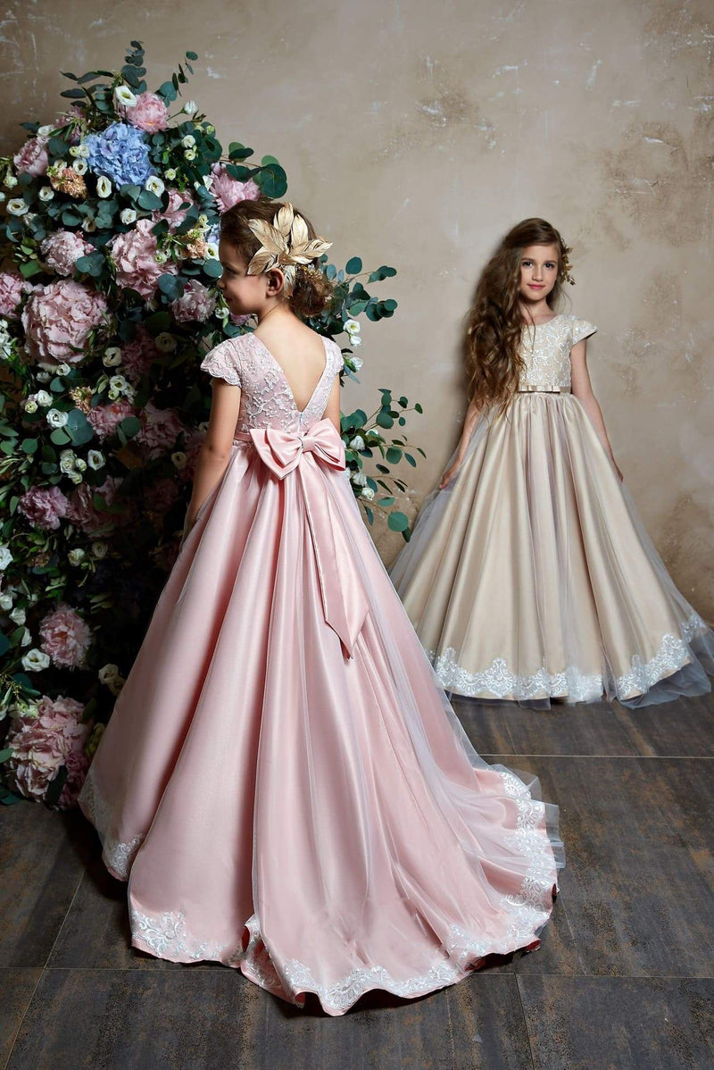 2368 Juliana Cap Sleeve V Back Lace Bodice Tulle over Satin Flower Girl Dress - Mia Bambina Boutique