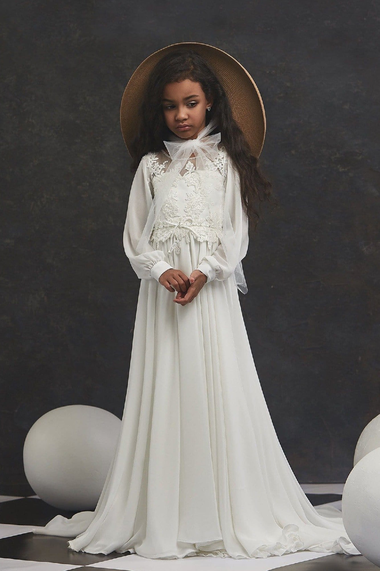 Flower Girl Dresses: Lace and Chiffon A-line Gown with Bishop Sleeves - Mia Bambina Boutique