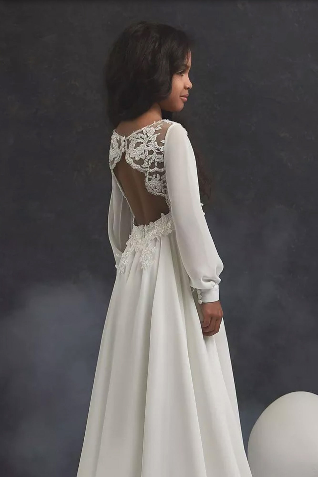 Flower Girl Dresses: Lace and Chiffon A-line Gown with Bishop Sleeves - Mia Bambina Boutique