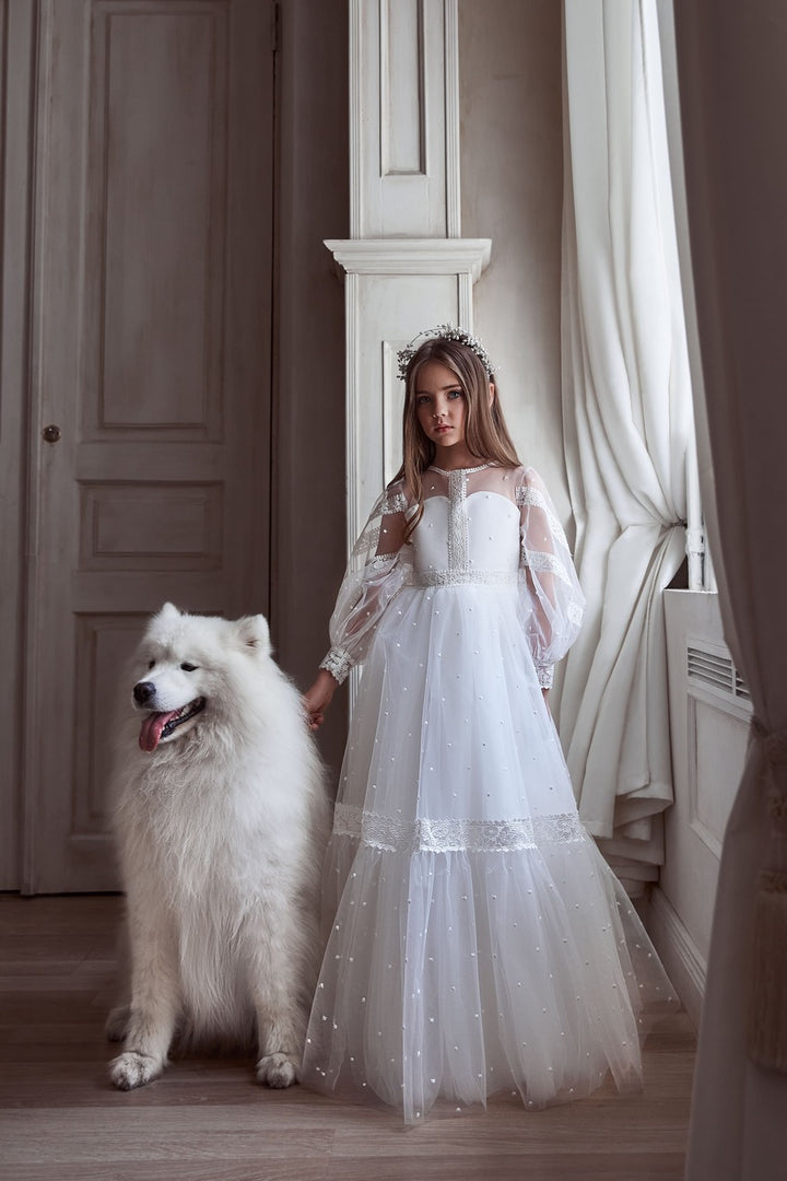 Girls Illusion Back Ivory Tulle Dress Size 5T-6 / Ivory Girls Illusion Back Ivory Tulle Dress Size 5T-6 / Ivory