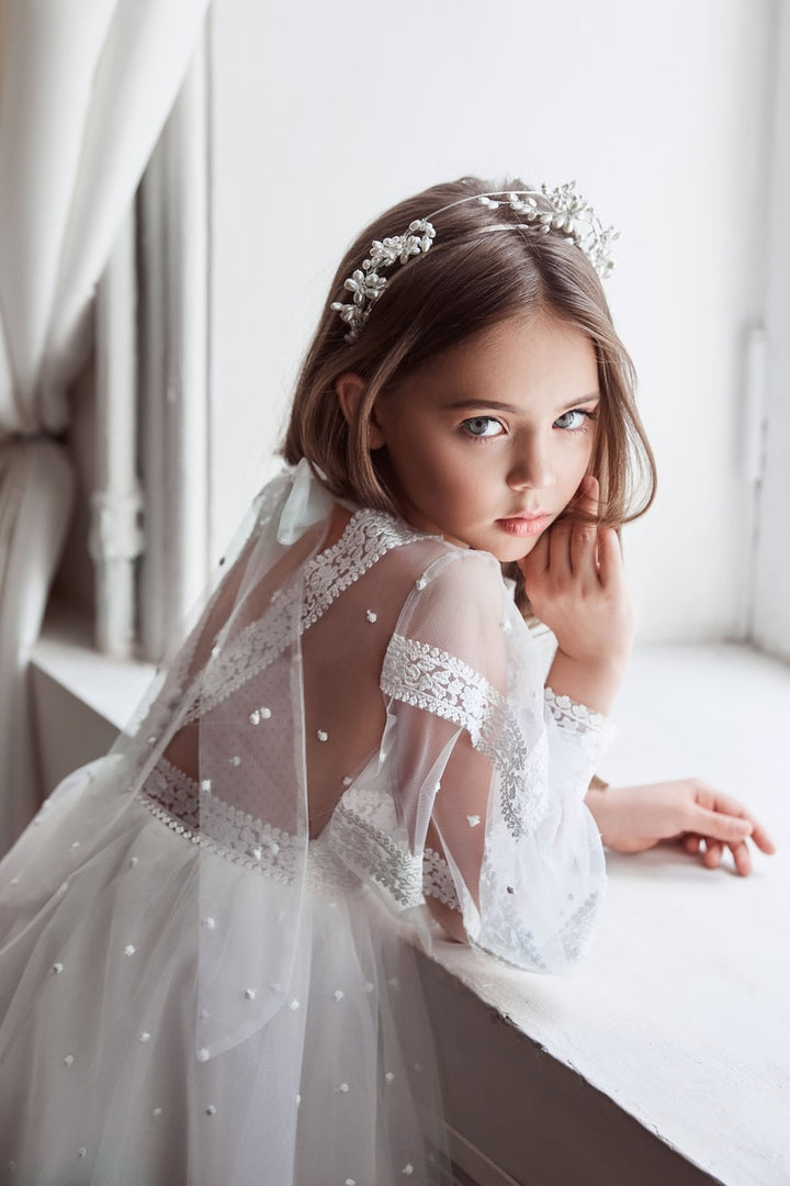 girls tulle dress Girls Illusion Back Ivory Tulle Dress