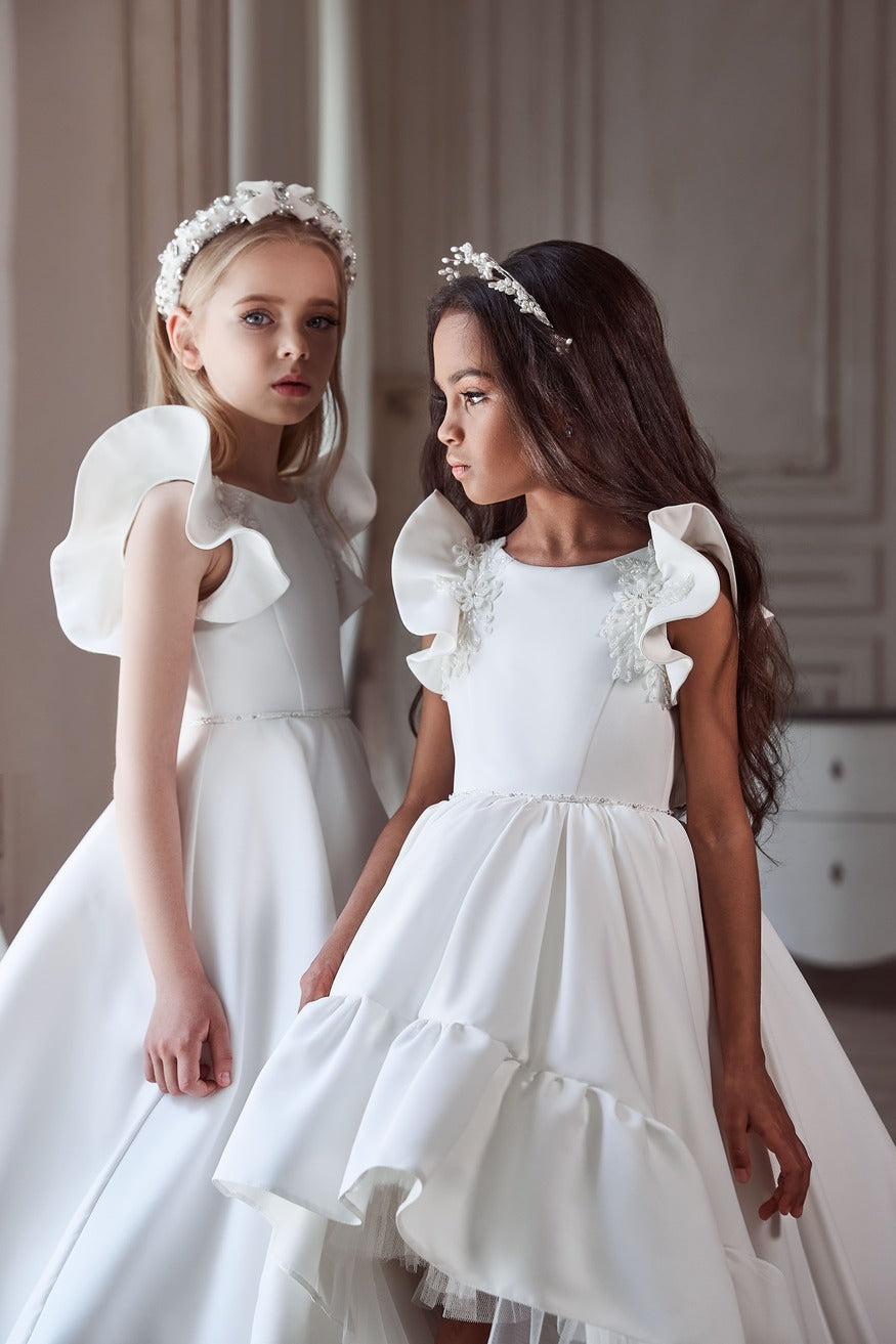 Flower Girl Dresses: Deluxe Satin Dress with Flared Sleeves - Mia Bambina Boutique