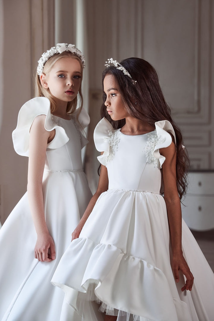Flower Girl Dresses: Deluxe Satin Dress with Flared Sleeves - Mia Bambina Boutique