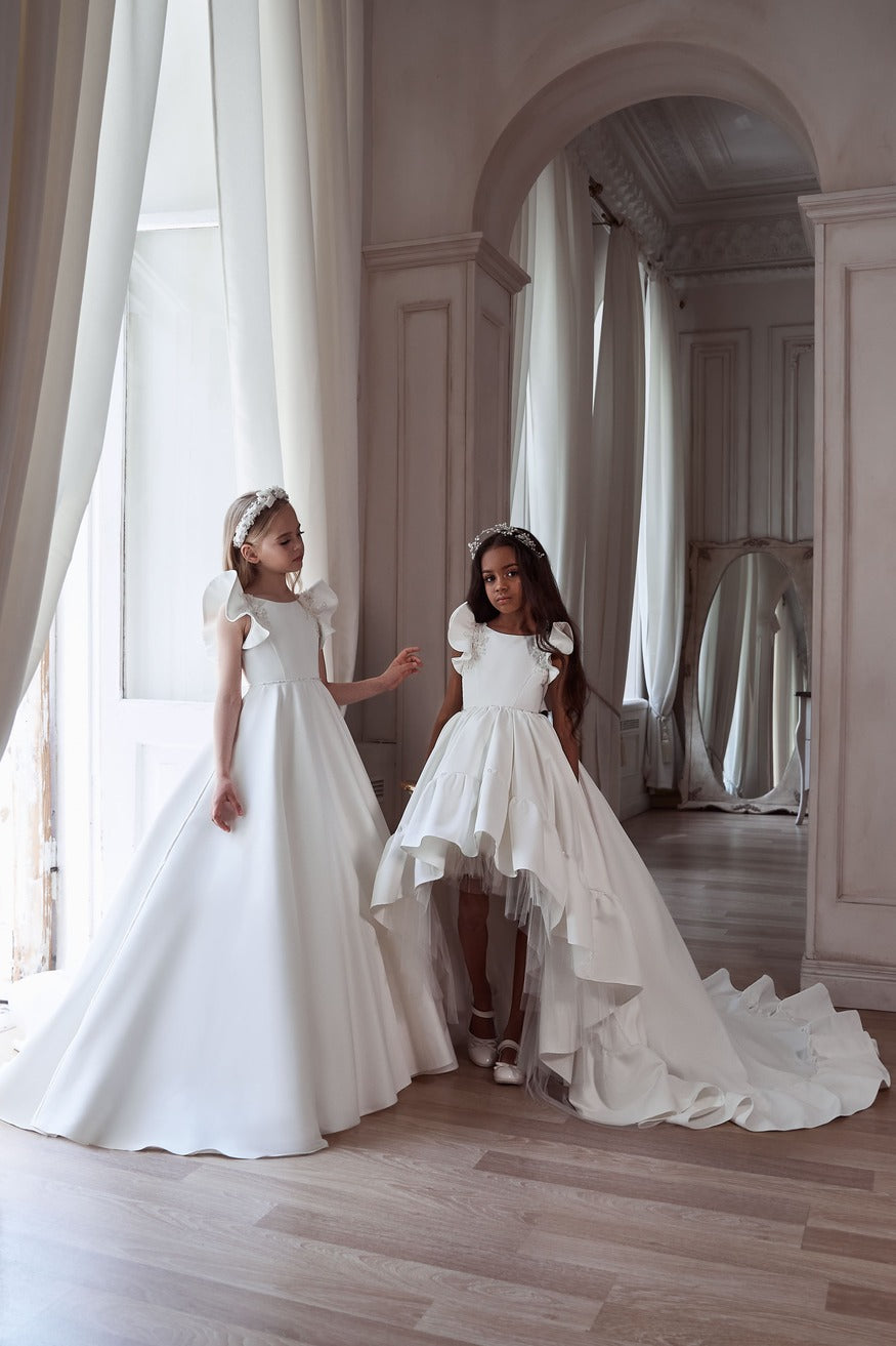 Flower Girl Dresses: Deluxe Satin Dress with Flared Sleeves - Mia Bambina Boutique