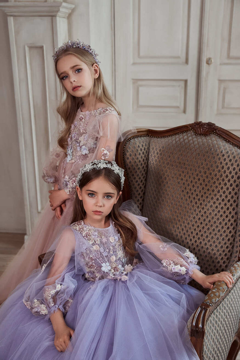 Long Sleeve Tulle and Lace Flowergirl Dress