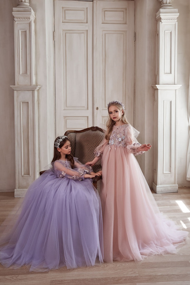 Long Sleeve Tulle and Lace Flowergirl Dress