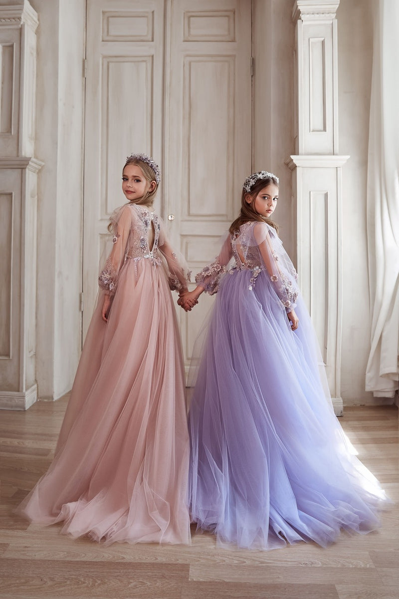 Long Sleeve Tulle and Lace Flowergirl Dress
