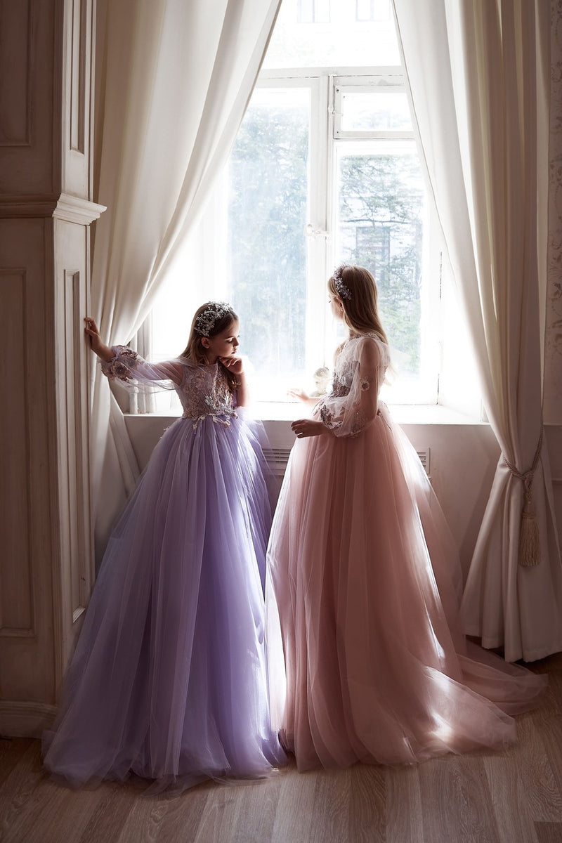 Long Sleeve Tulle and Lace Flowergirl Dress