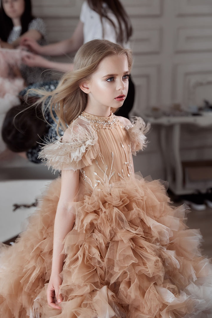 Pageant Dresses: Girls Long Fluffy Tulle Dress - Mia Bambina Boutique