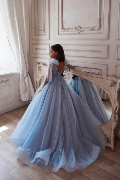 3117 Pastel Blue Girls long dress - Mia Bambina Boutique