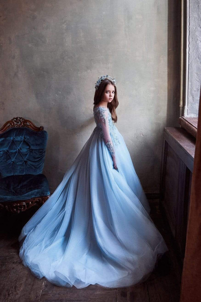 Illusion Lace Bodice Sky Blue Satin Mermaid Prom Dress - Lunss