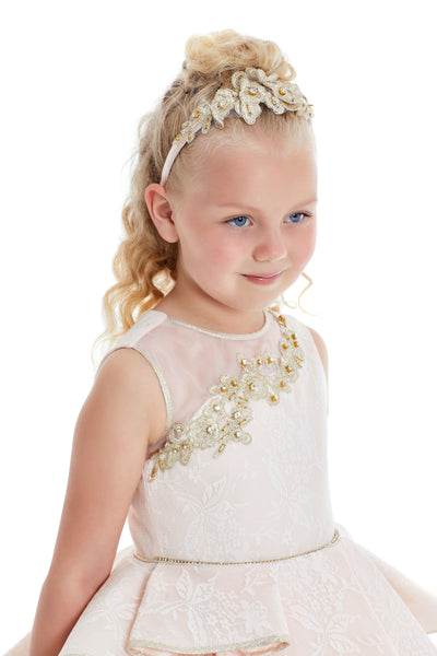 Girl's Lace overlay Dress With gold embroidery applique