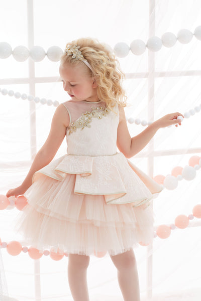 Girl's Lace overlay Dress With gold embroidery applique