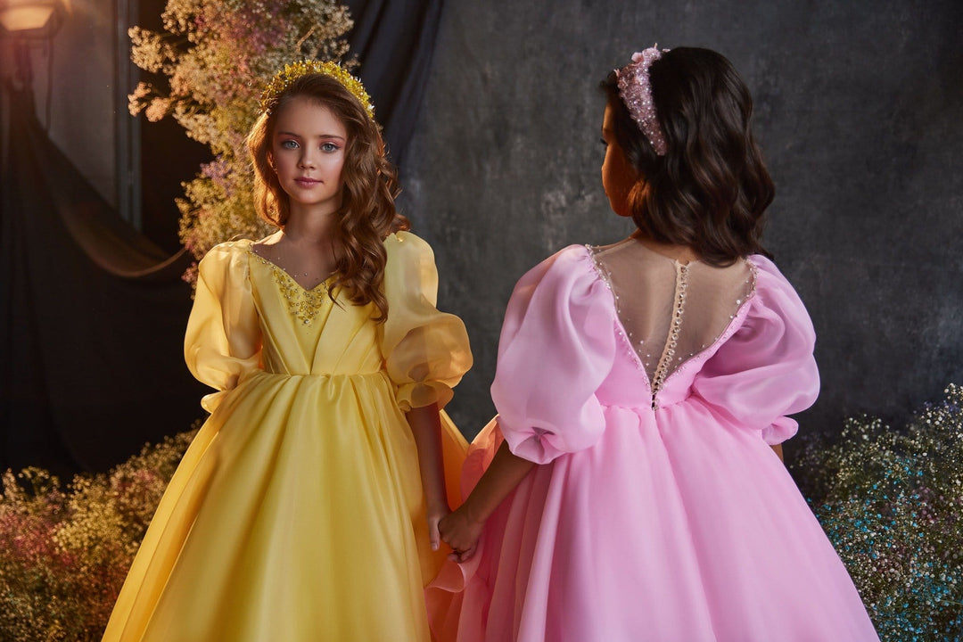 3211 Princess Pink Gown for Kids with Puffed Sleeves