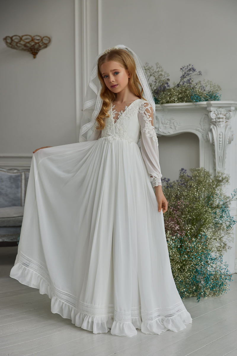 Girls First Communion Dress with Sleeves Girls First Communion Dress with Sleeves