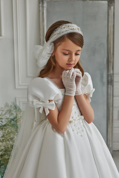 Girls Princess-Style Satin Communion Dress with Bows