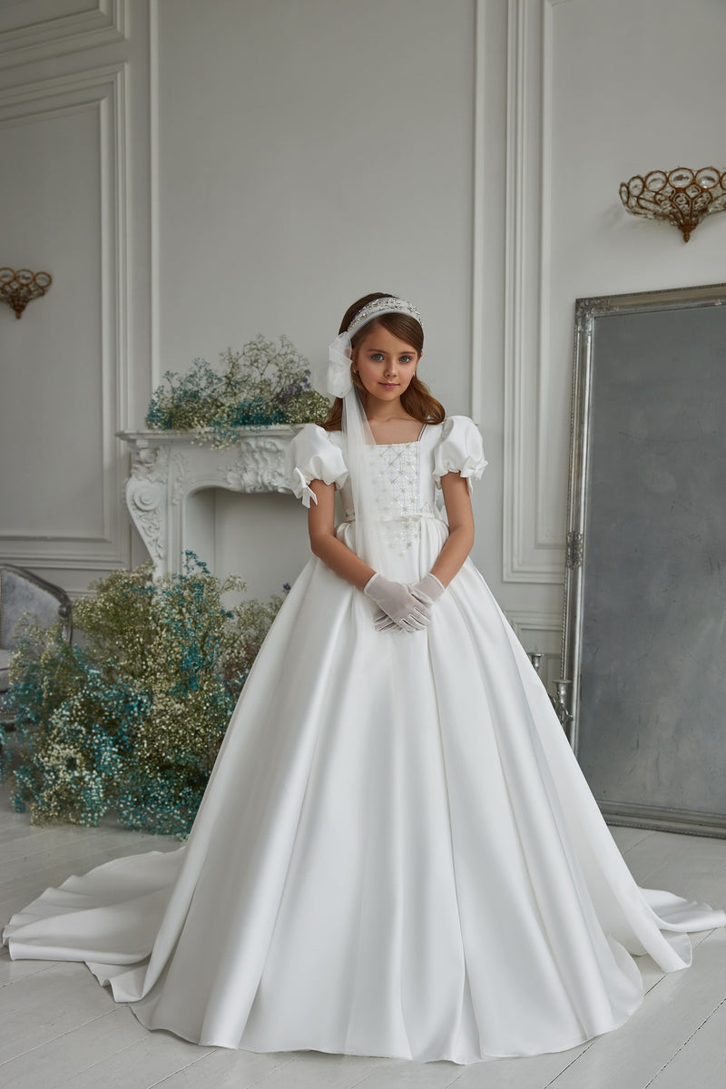 Girls Princess-Style Satin Communion Dress with Bows