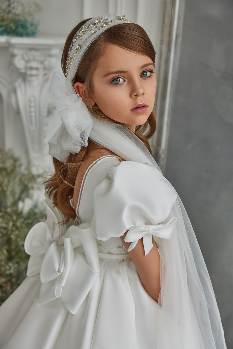 Girls Princess-Style Satin Communion Dress with Bows – Mia Bambina Boutique