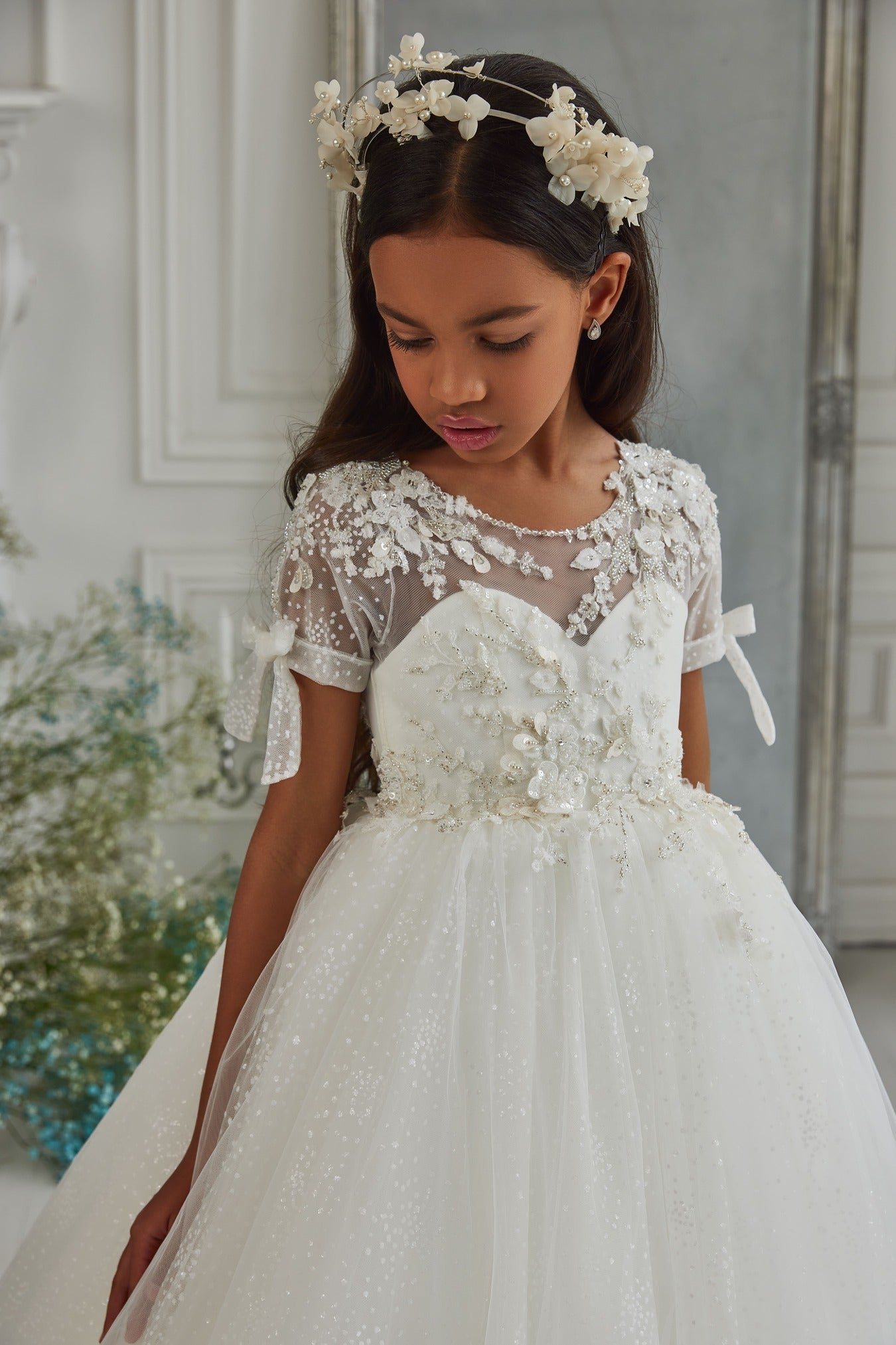 First Communion Dresses: Luxurious White Dress with Short Sleeves - Mia Bambina Boutique