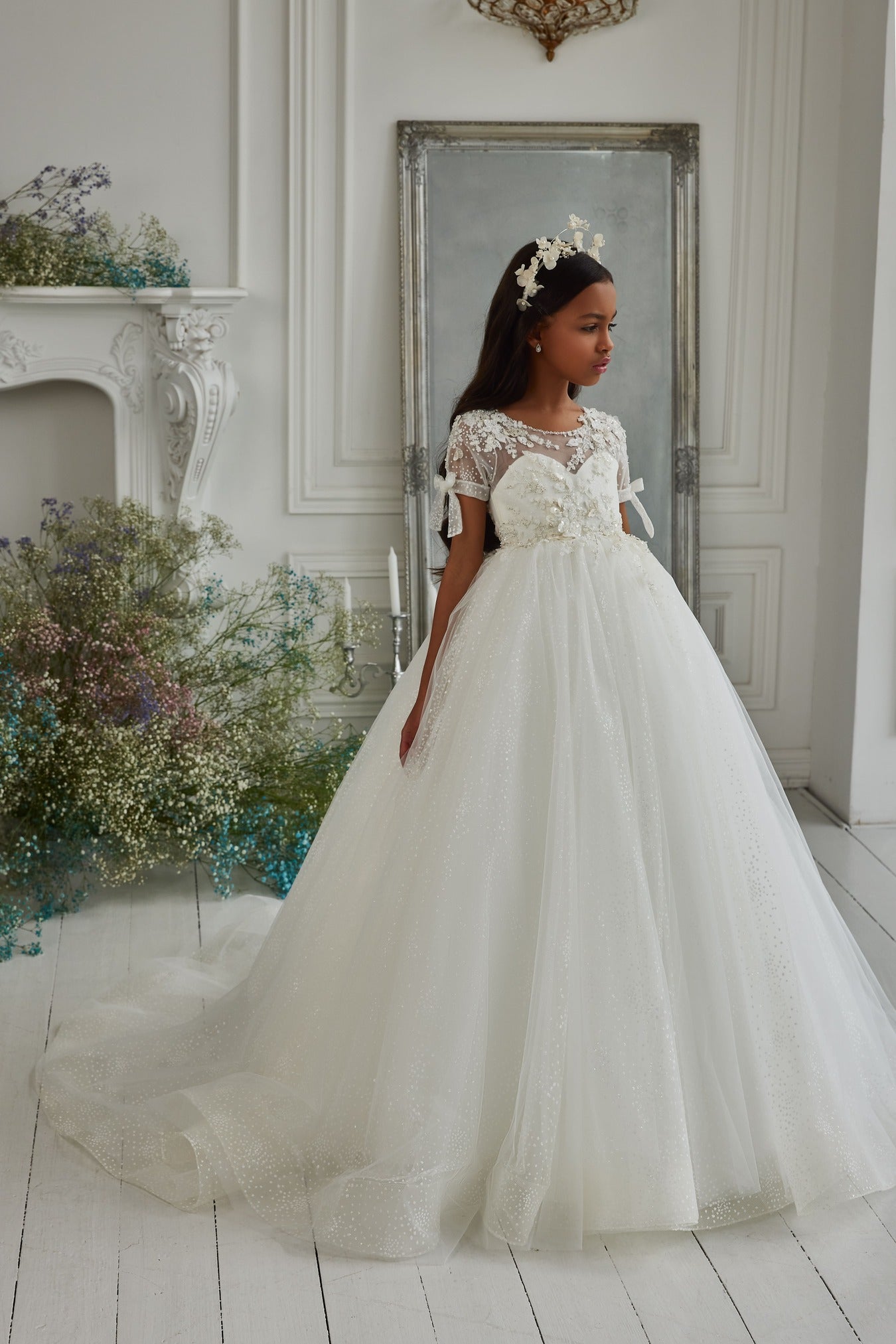 First Communion Dresses: Luxurious White Dress with Short Sleeves - Mia Bambina Boutique