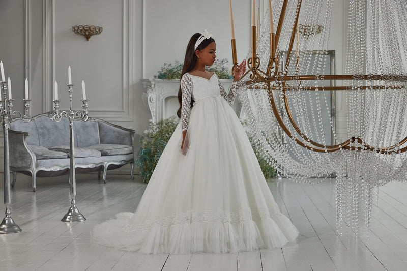 White Dress with Lace Sleeves for Holy Communion