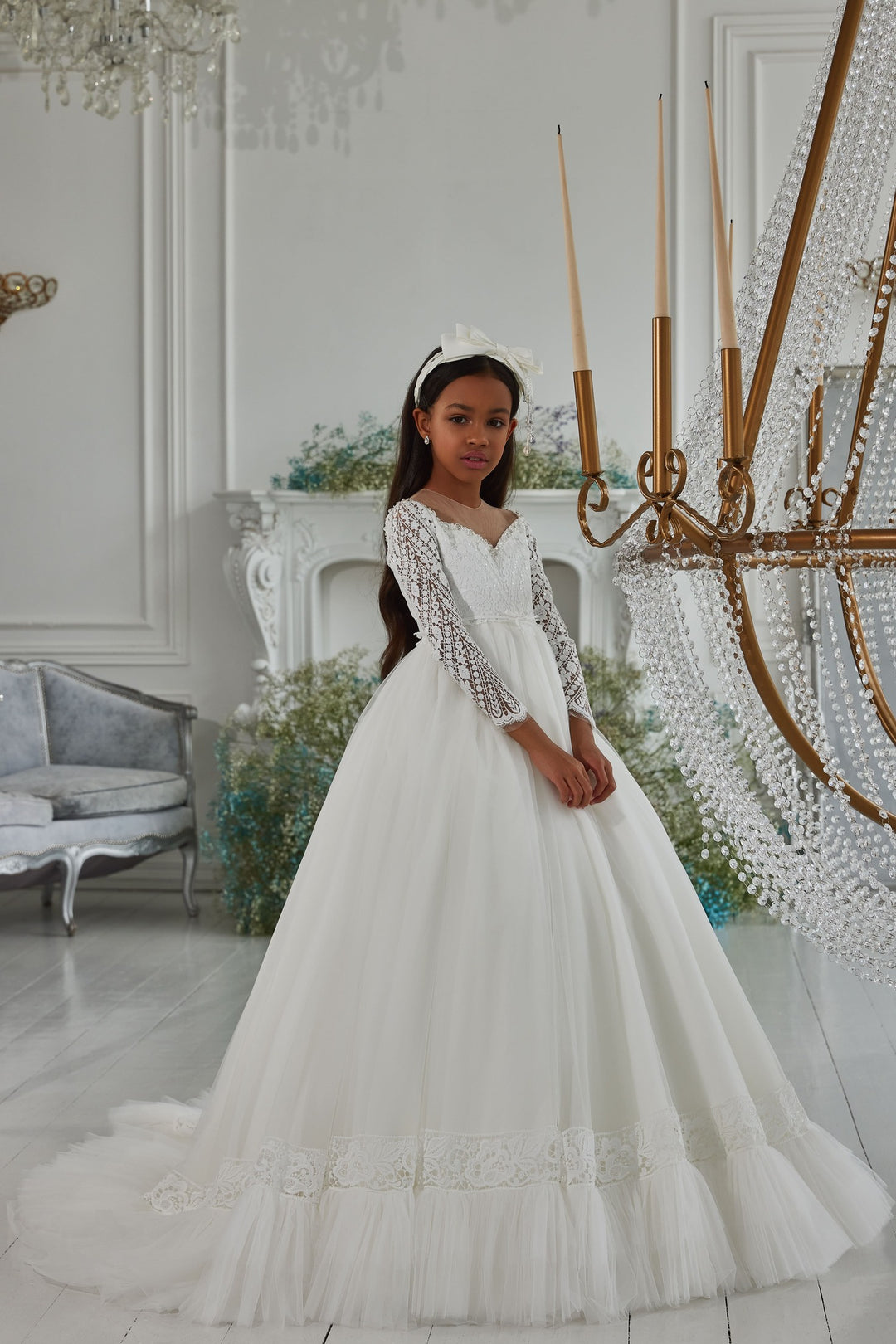 White Dress with Lace Sleeves for Holy Communion 14 Years