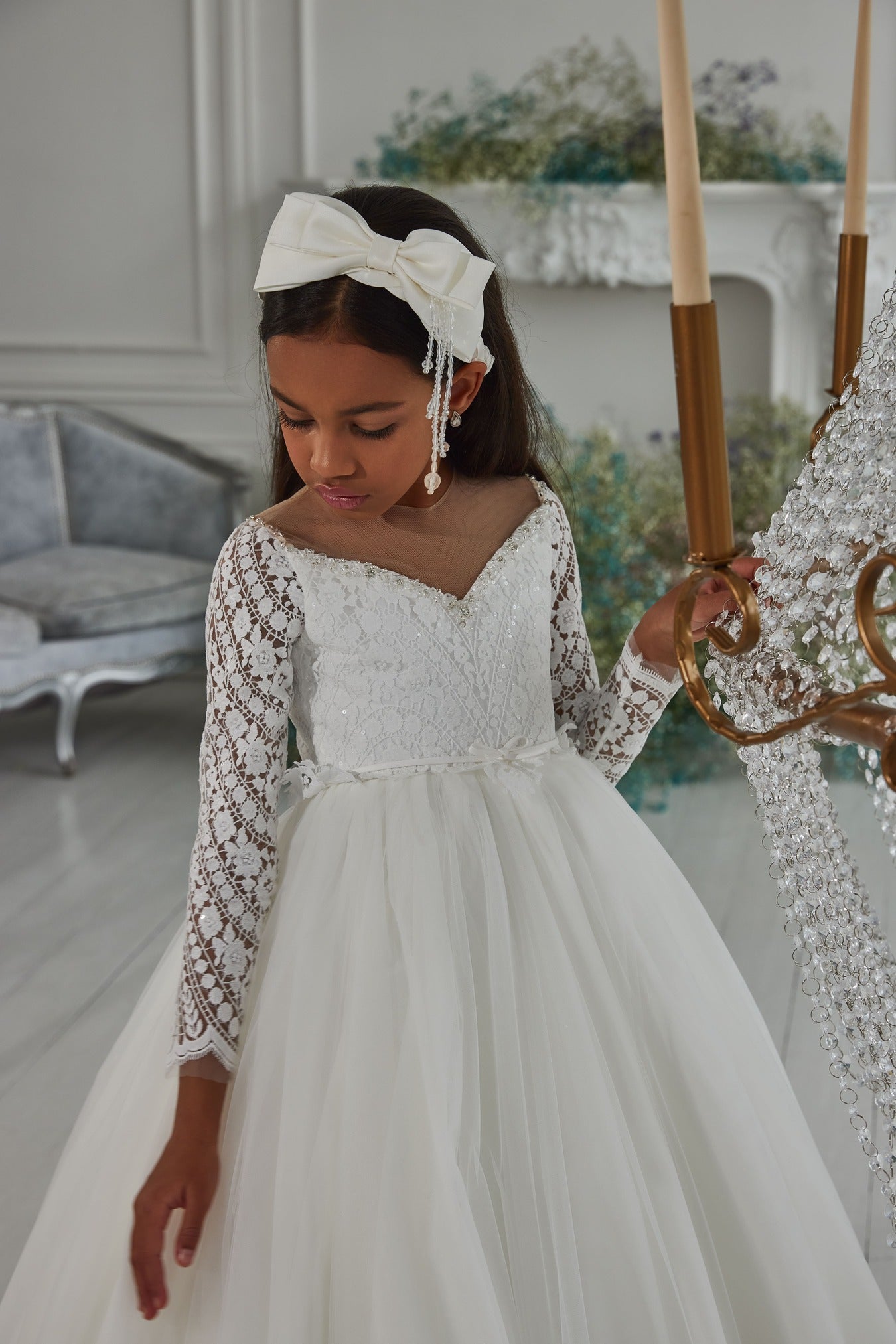 First Communion Dresses: White Dress with Lace Sleeves for Holy Communion - Mia Bambina Boutique