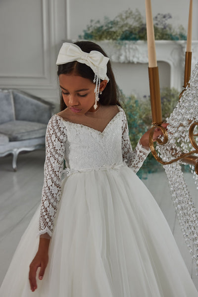 White Dress with Lace Sleeves for Holy Communion