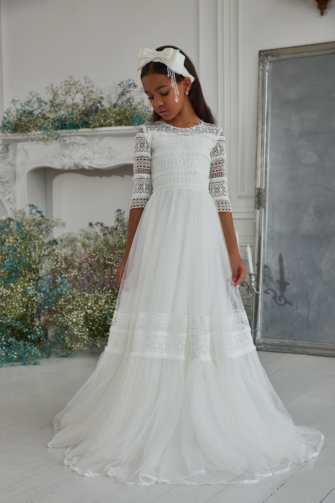 classic communion dresses Classic Communion Dress with Lace Sleeves