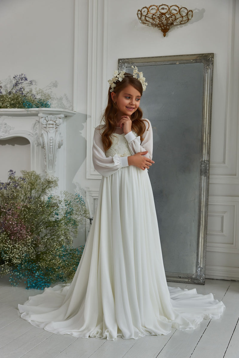 Modest First Communion Dress with Long Bishop Sleeves