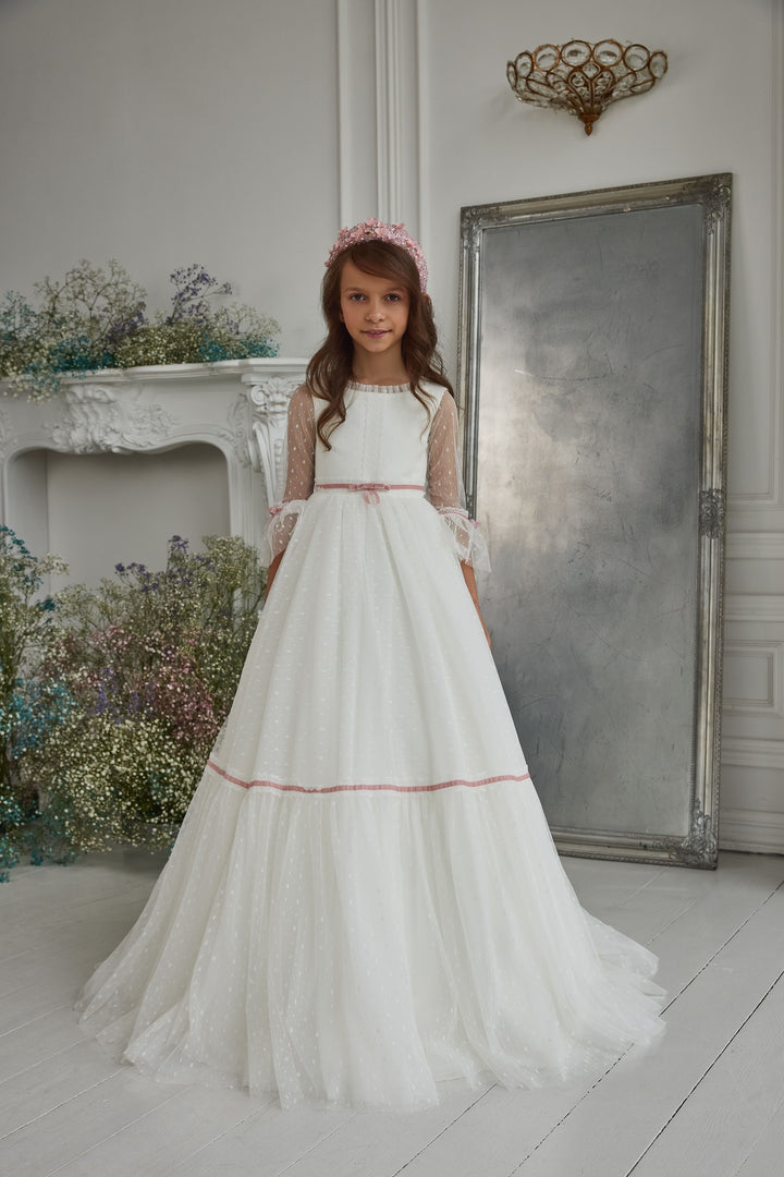 First Communion Dresses: Elegant Communion Gown with Contrasting Sash - Mia Bambina Boutique