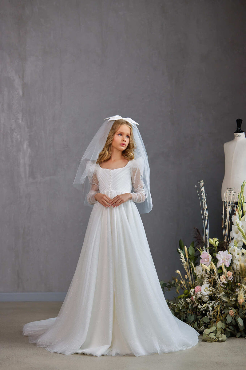 AUDRIE – PLEATED BODICE COMMUNION DRESS WITH PEARL BUTTON AND FROSTED DETAIL