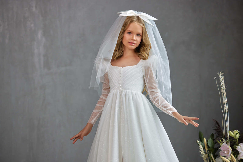 AUDRIE – PLEATED BODICE COMMUNION DRESS WITH PEARL BUTTON AND FROSTED DETAIL