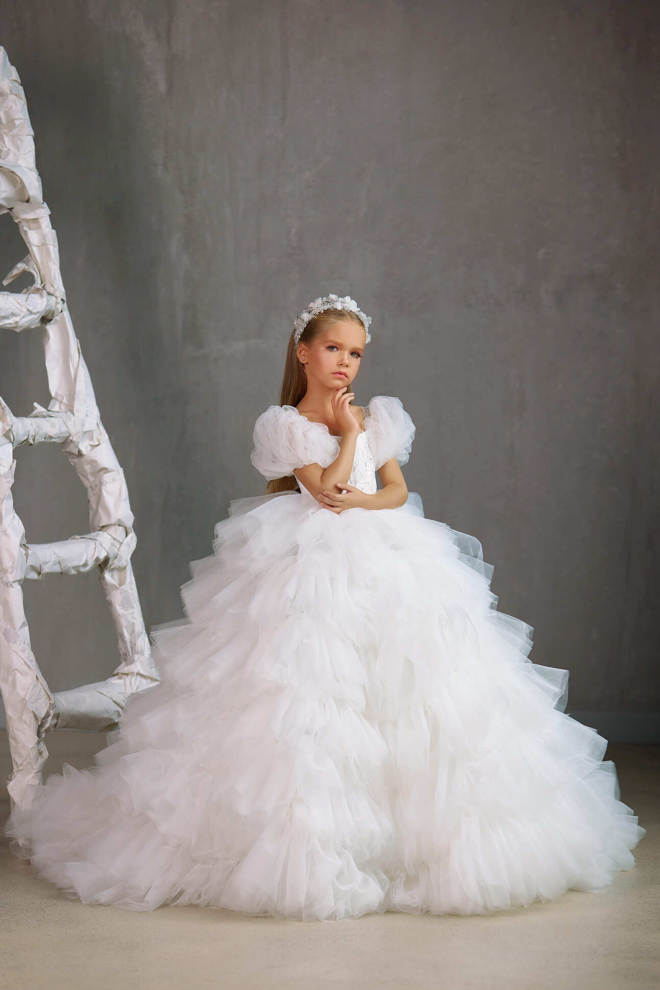 First Communion Dress: CHANEL – PUFF SHOULDER COMMUNION DRESS WITH RUFFLED TULLE SKIRT - Mia Bambina Boutique