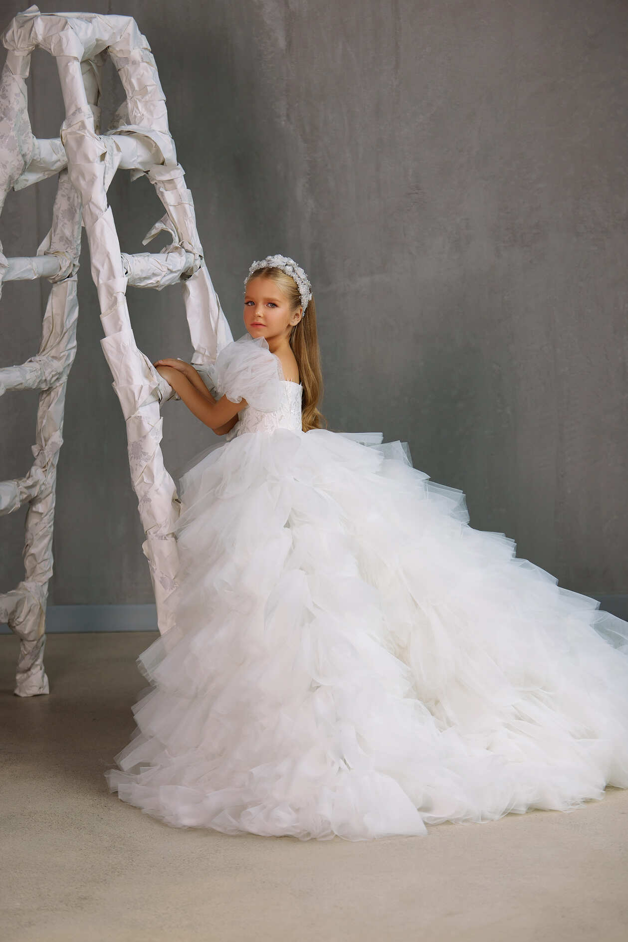 First Communion Dress: CHANEL – PUFF SHOULDER COMMUNION DRESS WITH RUFFLED TULLE SKIRT - Mia Bambina Boutique