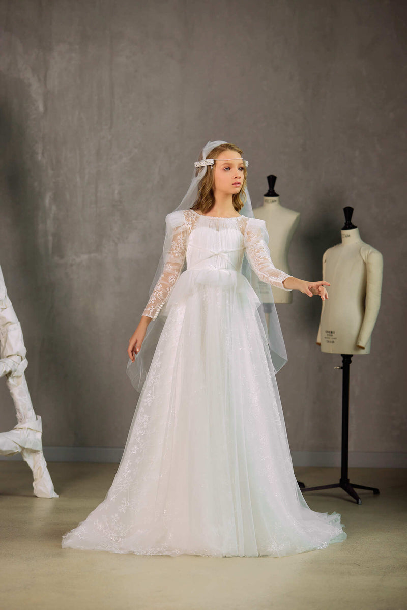 SAMARA SHEER EMBROIDERED PEPLUM COMMUNION DRESS Preorder 9-10 / Ivory SAMARA SHEER EMBROIDERED PEPLUM COMMUNION DRESS Preorder 9-10 / Ivory