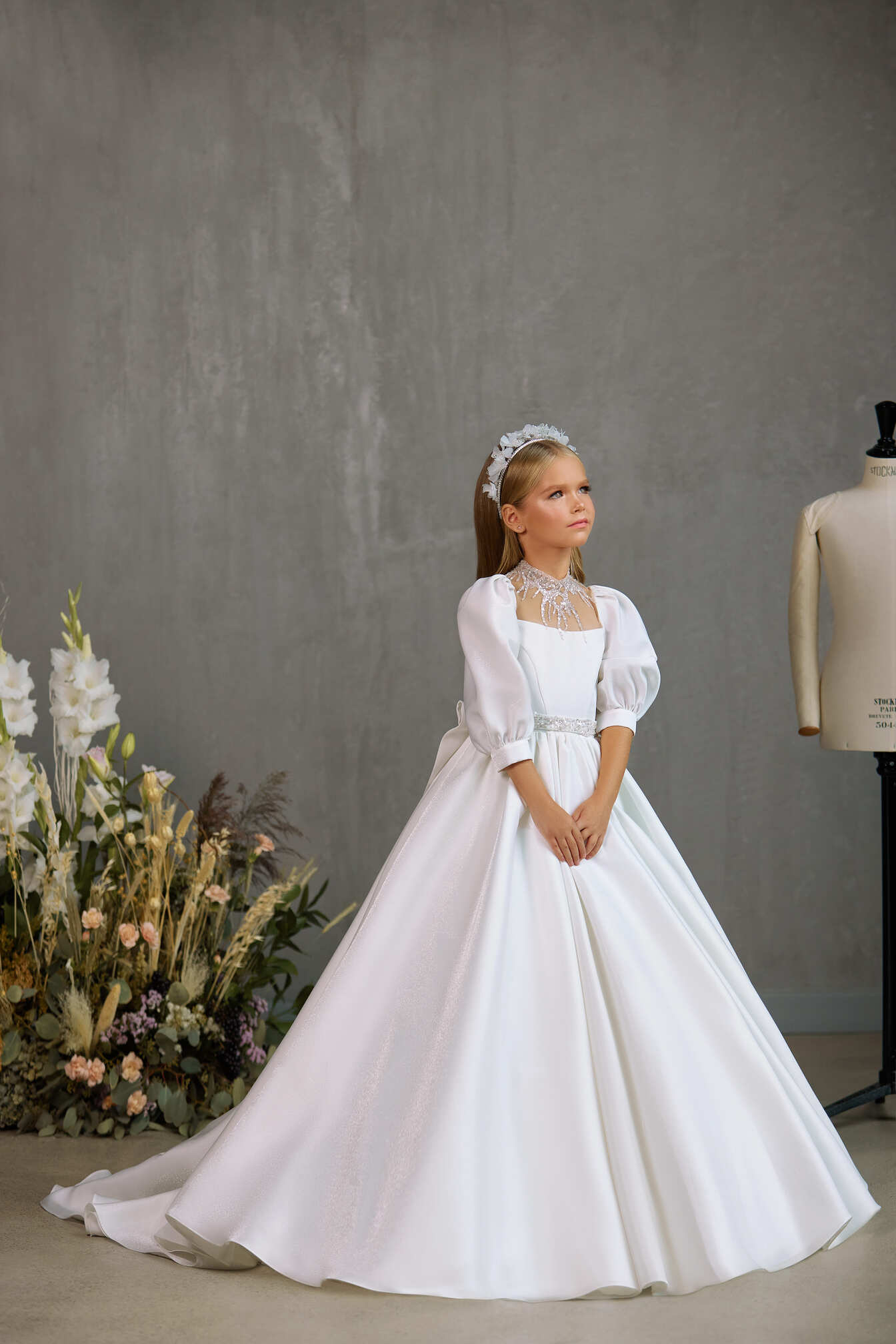 First Communion Dress: WINDSOR–TRADITIONAL COMMUNION GOWN WITH BEADED NECKLINE AND MATCHING BELT - Mia Bambina Boutique