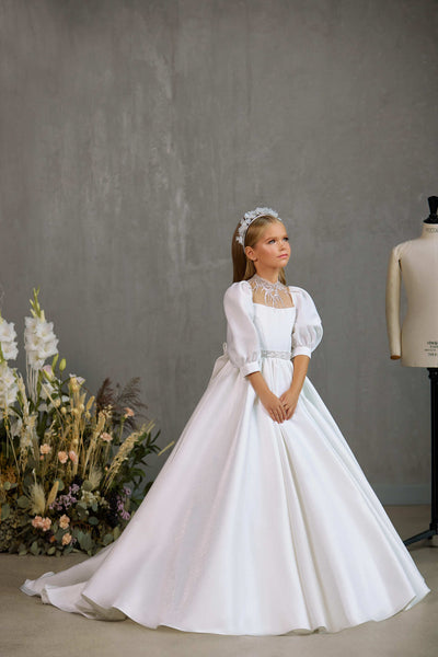 WINDSOR– TRADITIONAL COMMUNION GOWN WITH BEADED NECKLINE AND MATCHING BELT