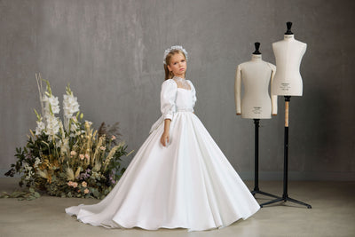 WINDSOR– TRADITIONAL COMMUNION GOWN WITH BEADED NECKLINE AND MATCHING BELT