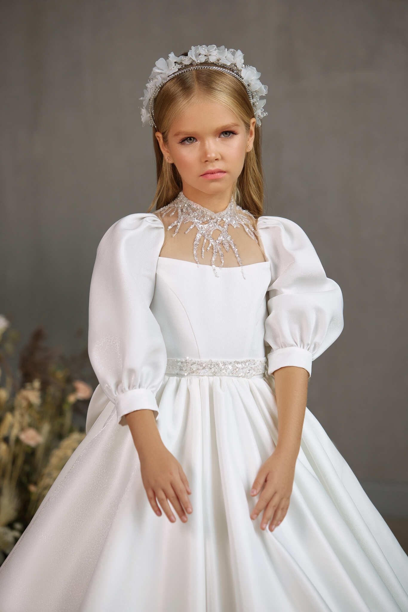 First Communion Dress: WINDSOR–TRADITIONAL COMMUNION GOWN WITH BEADED NECKLINE AND MATCHING BELT - Mia Bambina Boutique