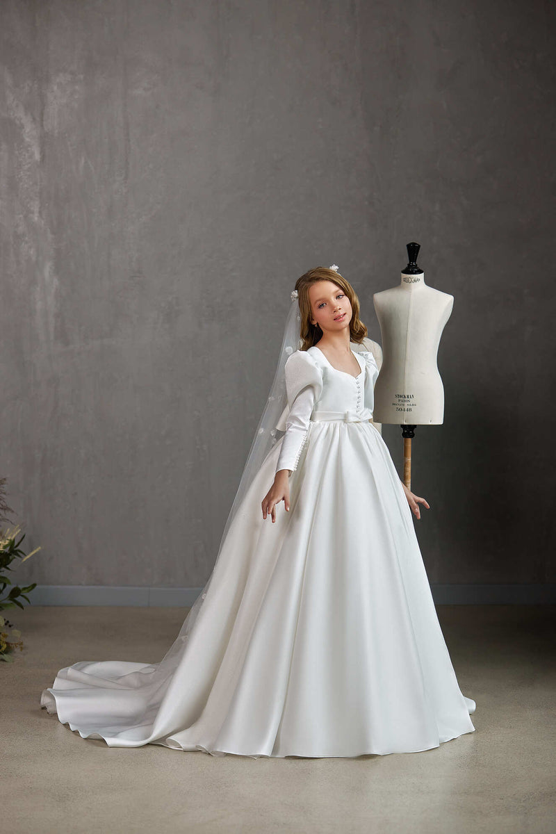 LONDON – CLASSIC SATIN COMMUNION DRESS WITH BOW AND PEARL DETAIL