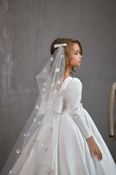 LONDON – CLASSIC SATIN COMMUNION DRESS WITH BOW AND PEARL DETAIL