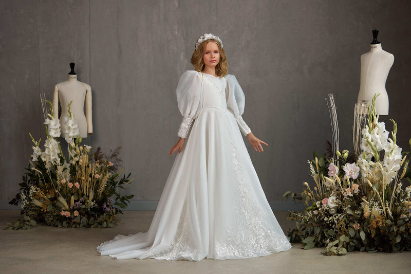 KINGSTON – ORGANZA PUFF SLEEVE COMMUNION GOWN WITH BEAD DETAIL