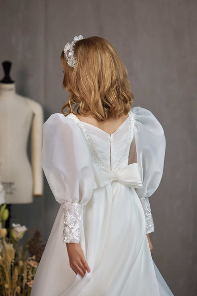 KINGSTON – ORGANZA PUFF SLEEVE COMMUNION GOWN WITH BEAD DETAIL
