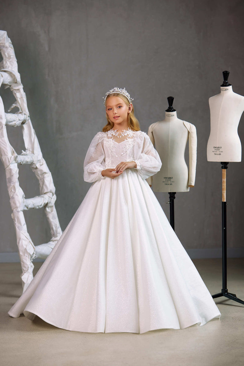 KAWARTHA – ENCHANTING COMMUNION DRESS WITH FLORAL LACE BODICE AND SHEER SLEEVES