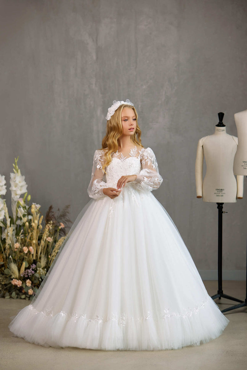 SARNIA – DELICATE COMMUNION DRESS WITH SHEER PUFF SLEEVES AND RUFFLED HEM