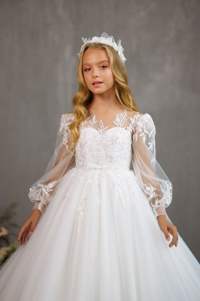 SARNIA – DELICATE COMMUNION DRESS WITH SHEER PUFF SLEEVES AND RUFFLED HEM