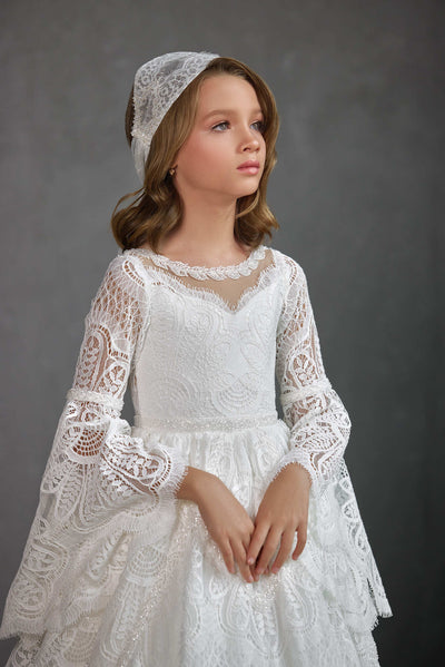 OXFORD – INTRICATE LACE COMMUNION GOWN WITH BELL SLEEVES